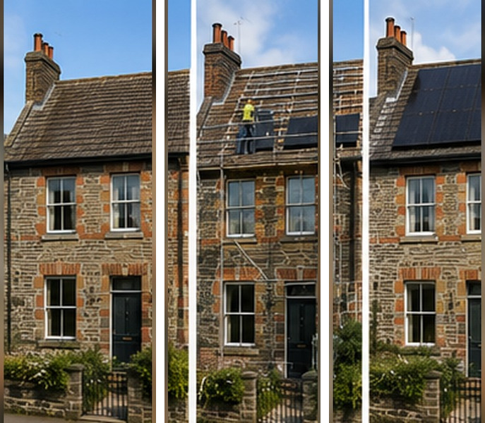 Illustrative example of a solar installation on a Cardiff home, before, during and after